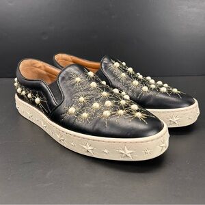 Aquazzura Cosmic Embellished Embroidered Leather Slip-On Sneaker 38.5 US Sz 8